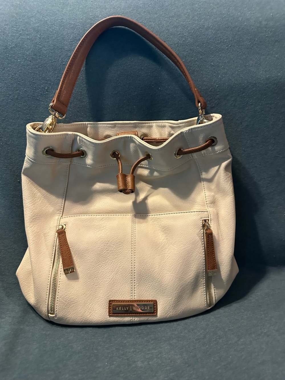 Kelly Moore Austin Bone Drawstring Hobo Camera Bag with Brown Trim